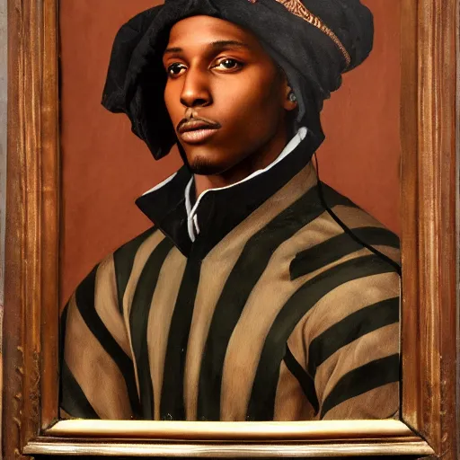 Image similar to a renaissance style portrait painting of asap rocky