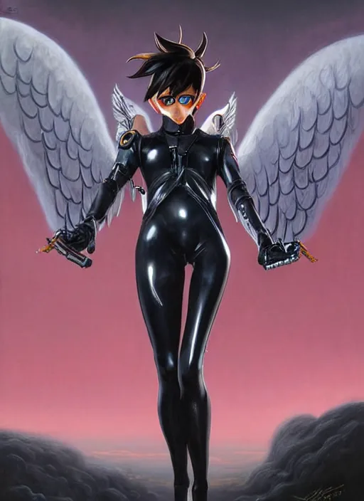 Image similar to full body artwork of tracer overwatch, wearing black latex outfit, in style of zdzisław beksinski, angel wings, dramatic painting, wearing detailed steel collar, black shiny armor, chains, black harness, detailed face and eyes,