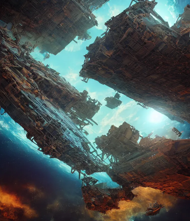 Prompt: a beautiful hyper realistic 3d render of a derelict cargo ship escaping a horde of shadow beasts on a magnificent planet, otherworldly, by Ian Millerbrom, Michael Whelan, John Harris, unreal engine, octane render, brilliantly colored, ultra wide angle, trending on artstation, HDR, polished, ray tracing, 8k