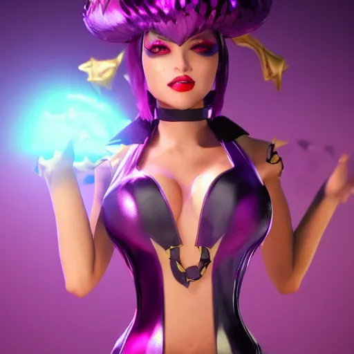 Prompt: still of pretty LeBlanc (League of Legends) in KDA music video. 3d render, octane render, game art, realistic, highly detailed, trending on artstation, 4k, trending on artstation, pixar, cgsociety, unreal engine 5, redshift render, trending on artstation, blender, behance, cg