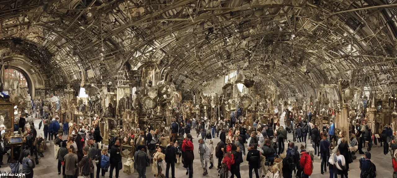 Image similar to A wide view into a Middle Ages Exhibition full of thousands of different old mechanical futuristic mechanisms, huge room of a old museum