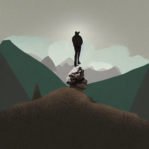 Prompt: man standing up in the mountains, album cover design illustration digital art