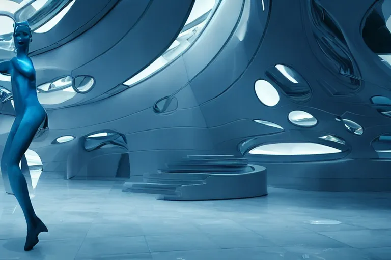 Prompt: vfx movie scene closeup portrait of beautiful blue skin fit skimpy alien woman dancing in sleek futuristic decadent spaceship pillars, futuristic ballroom. giant windows view of earth obit. by emmanuel lubezki