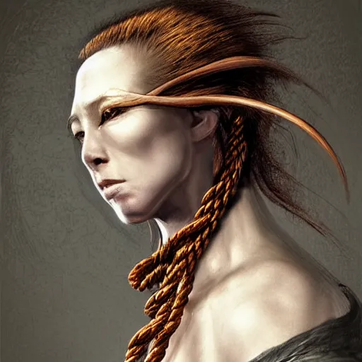 Image similar to portrait of a Shibari rope wrapped face and neck, headshot, insanely nice professional hair style, dramatic hair color, digital painting, of a old 17th century, old cyborg merchant, amber jewels, baroque, ornate clothing, scifi, realistic, hyperdetailed, chiaroscuro, concept art, art by Franz Hals and Jon Foster and Ayami Kojima and Amano and Karol Bak,