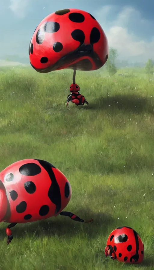 Prompt: muscular ladybug standing up, giant ladybug, cinematic shot, sunny field, epic character portrait, character art by Greg Rutkowski, HD digital render, 4k