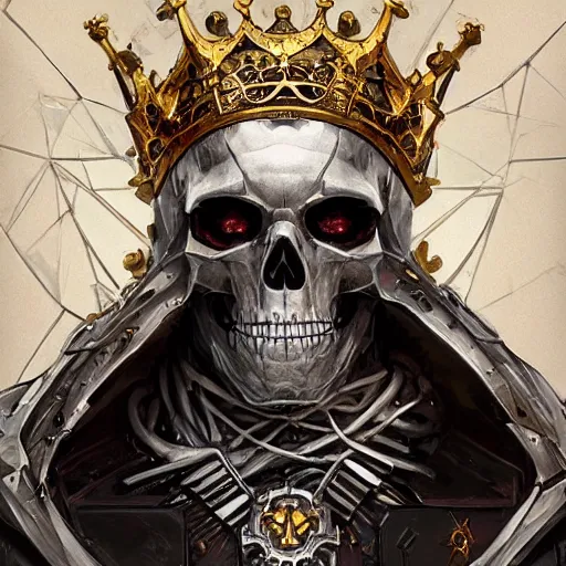 Image similar to ultra realistic illustration of the cybernetic skeleton king with a crown of blades, intricate, highly detailed, digital painting, artstation, concept art, sharp focus, illustration, art by artgerm and greg rutkowski and alphonse mucha