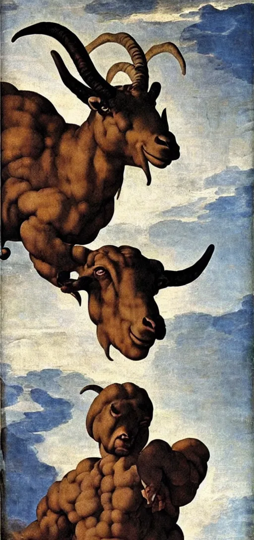 Prompt: giant goat with evil eyes, painting by michelangelo