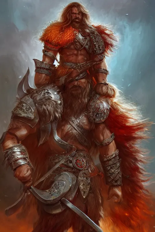 Prompt: Barbarian Warrior, dual wielding axes, tall, long messy curly hair, long unkempt beard, wolf pelt head, red armor, high fantasy,colorful, matte painting, trending in artstation, arstationhq, artstationhd, HD 8k