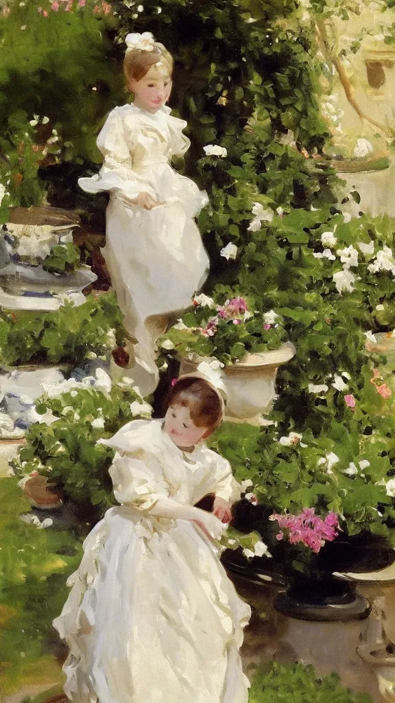 Image similar to beautiful young julee wear alace dress in a botanical yard set near a persian pot by john singer sargent