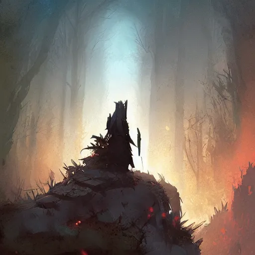 Prompt: a warrior returning from battle, destroyed forest, digital art, expressive oil painting, sadness, by Jordan Grimmer, by Annie Leibowitz, by Mike Mignola, matte art