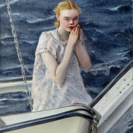 Image similar to Elle Fanning on a boat during a storm, by Norman Rockwell, Extremely detailed. 8K. Award winning.