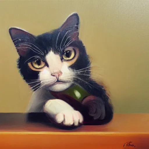 Image similar to beautiful oil painting of a cat in an empty bottle of wine, trending on artstation, 4 k, high quality, colorful