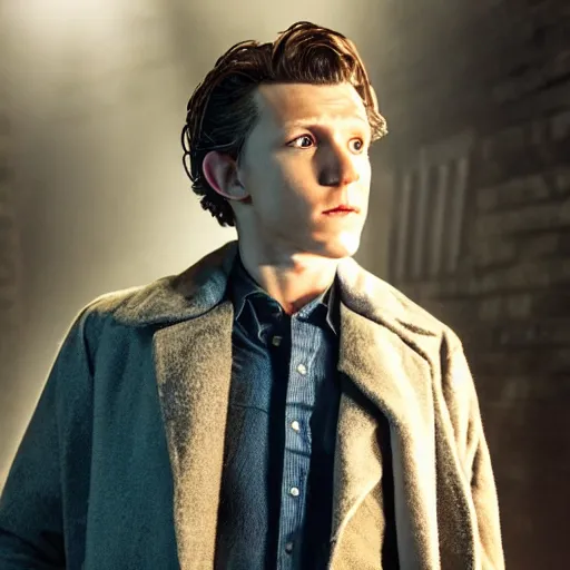 Image similar to tom holland as a rough dirty old man with a scruffy beard in a dark blue trenchcoat as the new doctor who, cinematic, volumetric lighting, f 8 aperture, cinematic eastman 5 3 8 4 film, photorealistic