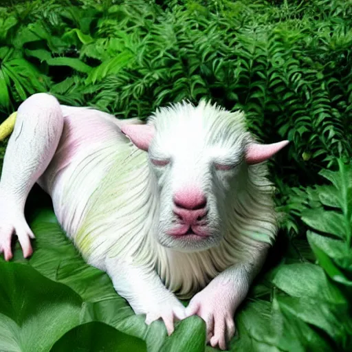 Prompt: realistic still image of falkor sleeping in a lush garden