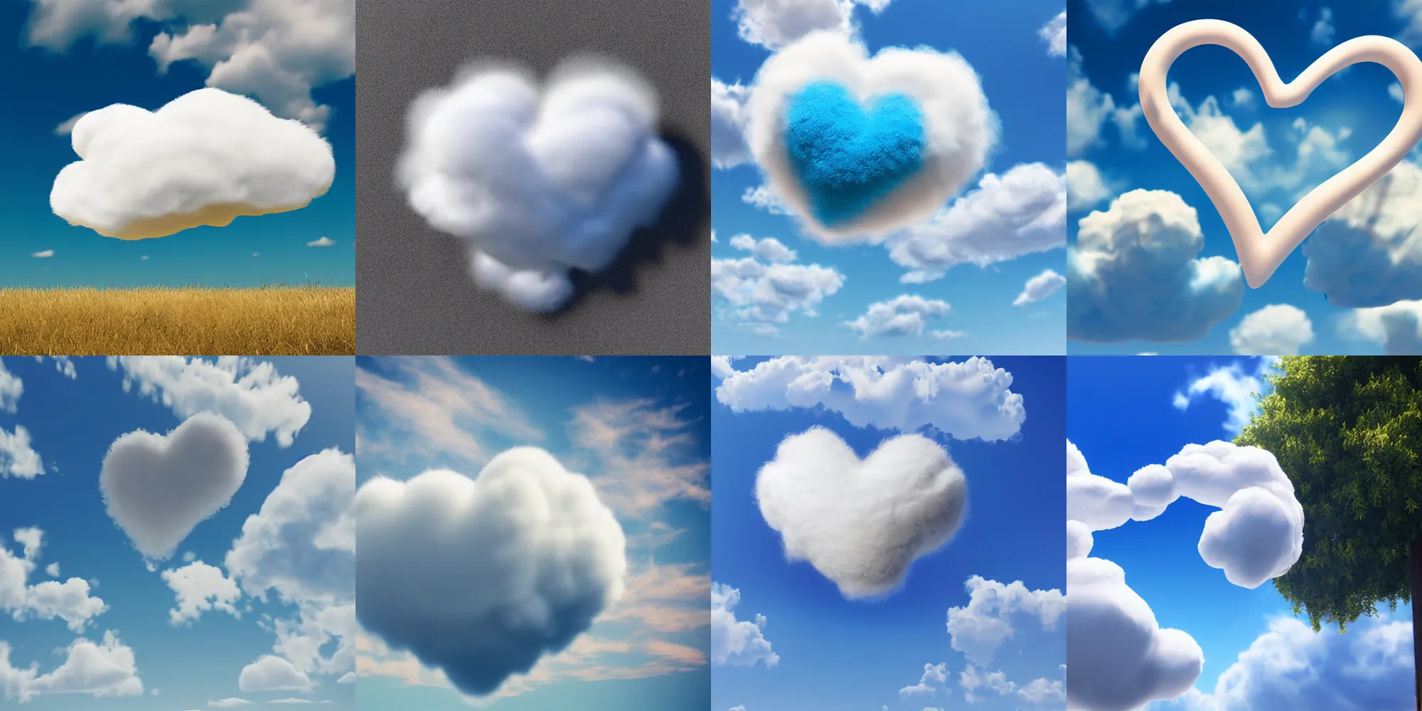 Prompt: beautiful fluffy cloud in shape of heart on clear blue sky, epic. 1 0 0 mm, sunny day, hyper realism, photo, realistic, soft feather, volume light, sss, octane render, view up