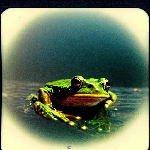 Prompt: semitranslucent smiling frog amphibian floating over misty lake in Jesus Christ pose, polaroid shot by Andrei Tarkovsky, paranormal, spiritual, mystical