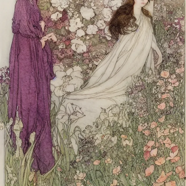 Image similar to a detailed, intricate watercolor and ink portrait illustration with fine lines of young 1 4 year old saoirse emma ronan watson looking over her shoulder, among flowers, by arthur rackham and edmund dulac and walter crane