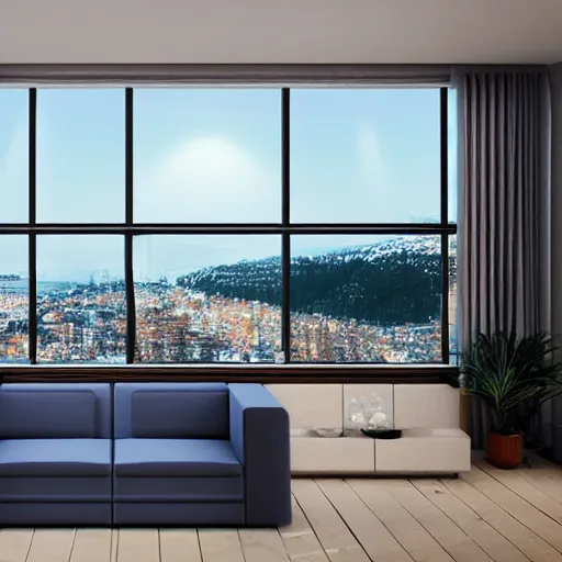 Image similar to an architecture visualisation of a modern living room, wide windows, stunning view, night, picture on the wall