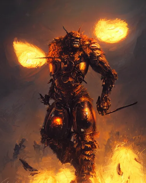 Prompt: oil painting of Angry Anthropomorphized Robot Berserker, wearing fur armor, claws, sharp focus, attack pose, fantasy style, octane render, volumetric lighting, 8k high definition, by greg rutkowski, highly detailed, trending on art Station, magic the gathering artwork, burning Battlefield background, centered