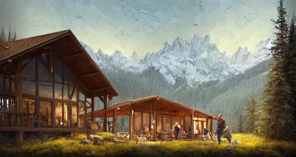 Image similar to cabela's beautiful comfortable modular pop - up insulated all terrain family dwelling, cabin,, person in foreground, mountainous forested wilderness open fields, beautiful views, painterly concept art, joanna gaines, environmental concept art, farmhouse, magnolia, concept art illustration, by james gurney, by craig mullins, by greg rutkowski trending on artstation