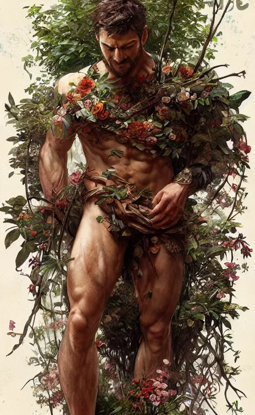 Image similar to god of the forest, 3 0 years old, rugged, male, gorgeous, detailed face, amazing, thighs!!!!!!, flowers, muscular, intricate, highly detailed, digital painting, artstation, concept art, sharp focus, illustration, art by greg rutkowski and alphonse mucha