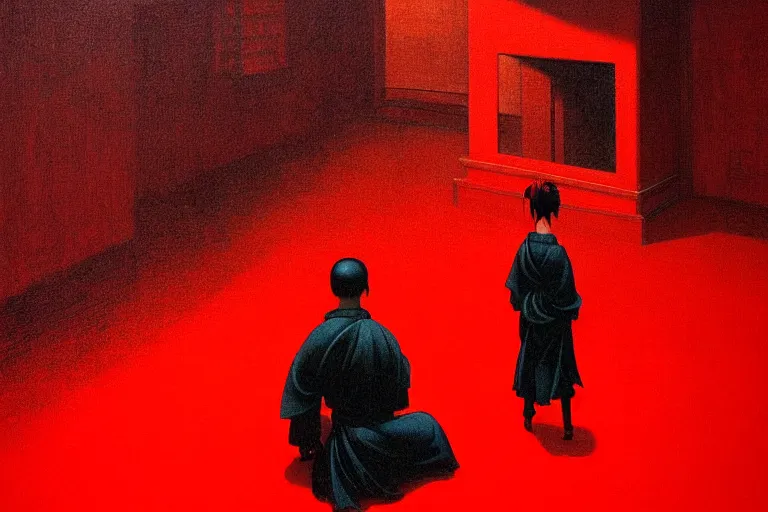 Image similar to only with red, a red samurai, tokio in background, some evil yokai, in the style of beksinski, parts by edward hopper, parts by rodcenko, parts by yue minjun, intricate and epic composition, red by caravaggio, insanely quality, highly detailed, masterpiece, red light, artstation, 4 k