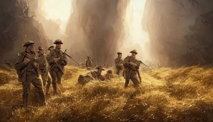 Prompt: beautiful digital painting of a group of barley surviving soldiers in a trench waiting for the war to end. cinematic lighting and rendering, atmospheric, concept art, high detailed faces, artstation by artgerm and greg rutkowski,,