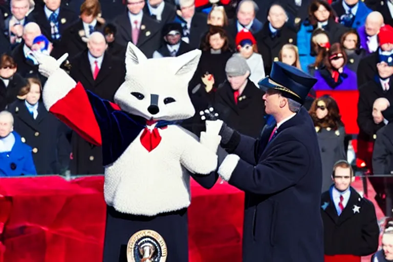 Image similar to photo of the usa presidential inauguration, a fox fursuiter being inaugurated as president