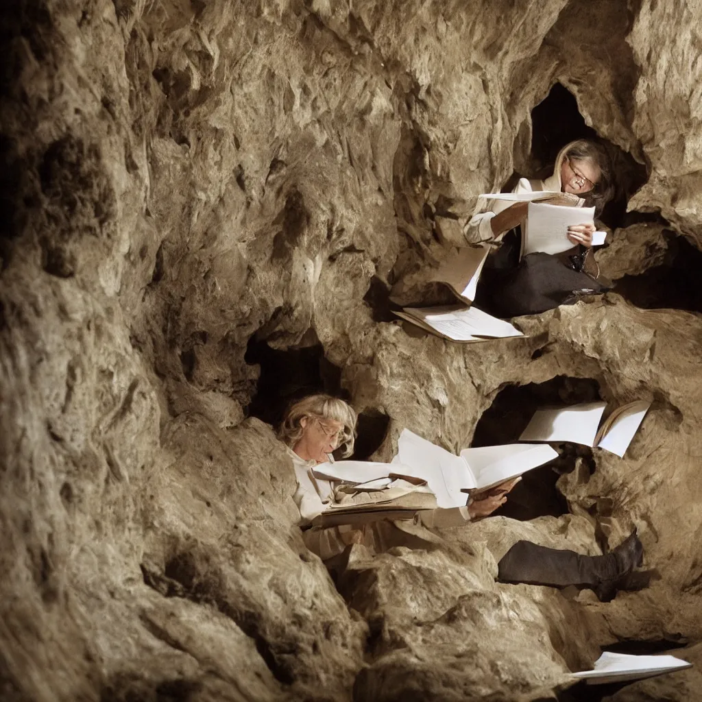 Prompt: An office lady reads the letters a book in a zoo cave, Annie Leibovitz, close-up