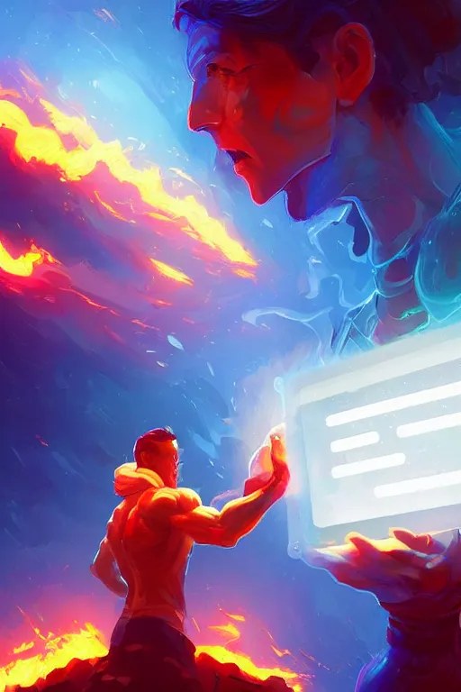 Image similar to the god prometheus handing a man a computer on fire, the fire is made of binary code, digital painting bioluminance alena aenami artworks in 4 k design by lois van baarle by sung choi by john kirby artgerm style pascal blanche and magali villeneuve