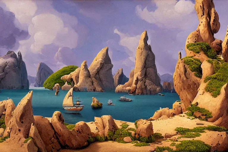 Image similar to A bizarre island landscape in the style of Dr. Seuss, boats, painting by Raphael Lacoste