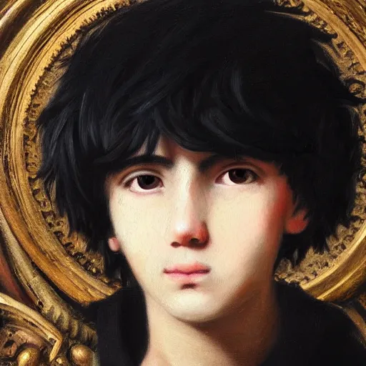 Prompt: painting of a shaggy black haired black eyed teenager boy with a black sweater, renaissance!!! painting!!!, ultra detailed, masterpiece, baroque