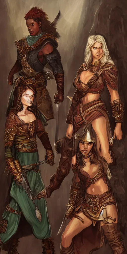 Prompt: female thief and a large young male warrior, and a young female african warrior, d & d, fantasy, portrait, in travis charestart style