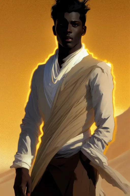 Prompt: full figure beautiful young dark skin man, dressed in expensive clothes, luminous scene, by greg rutkowski and alphonse mucha, d & d character, gradient white to gold, in front of a dune desert background, highly detailed portrait, digital painting, artstation, concept art, smooth, sharp focus illustration, artstation hq