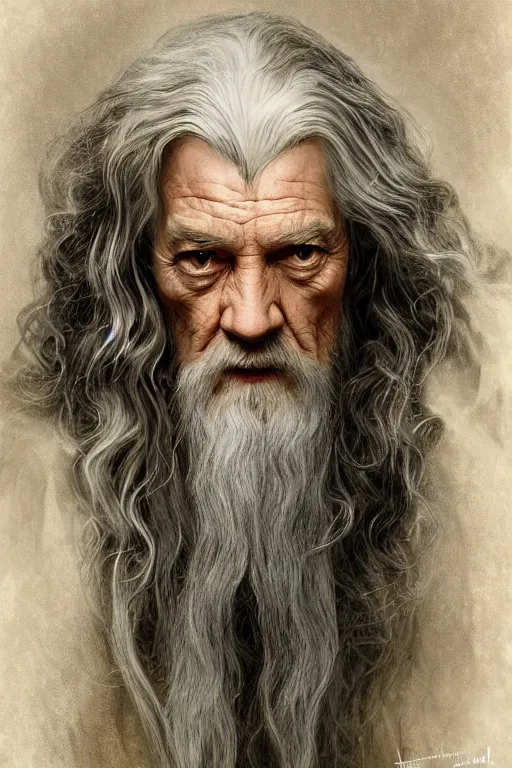 Image similar to Gandalf from Lord of the Rings, diffuse lighting, fantasy, intricate, elegant, highly detailed, lifelike, photorealistic, digital painting, artstation, illustration, concept art, smooth, sharp focus, art by John Collier and Albert Aublet and Krenz Cushart and Artem Demura and Alphonse Mucha