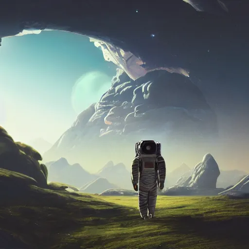 Image similar to An astronaut walking on an alien planet with aliens plants, looking at an alien breathtaking landscape, cinematic lighting, concept art, artstation