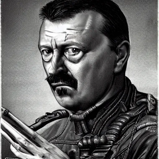 Prompt: Portrait of Igor Ivanovich Strelkov while he is calling for war mobilization, photo-realistic, fullcolor, 2K, highly detailed, bodyhorror by H.R.Giger, tends to have fractal structure