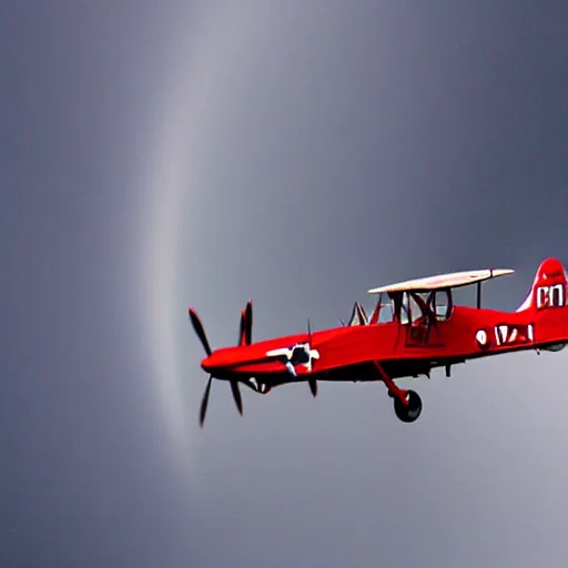 Prompt: Red biplane flying through a hurricane, lightning in the background.