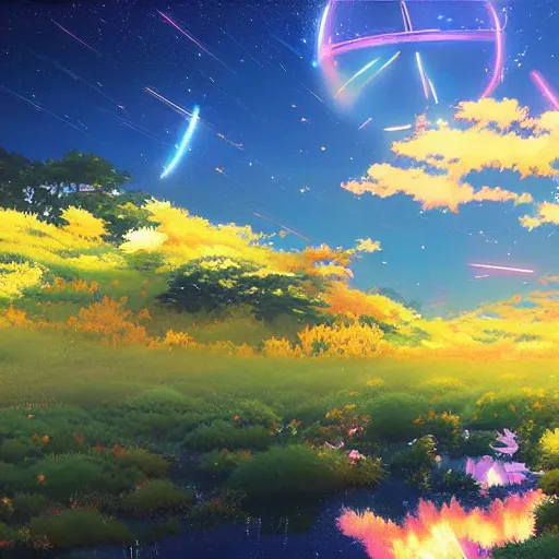 Image similar to disco diffusion painting of a landscape by makoto shinkai, masterpiece, contest award winner