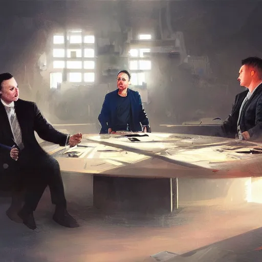 Image similar to illustration of a meeting between elon musk, mark zuckenberg, jeff bezos, very clear face, high quality, very detailled, by artgem, greg rutkowski, ruan jia