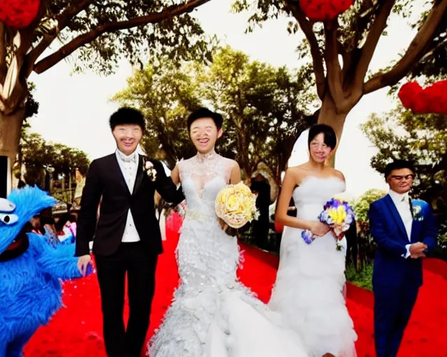 Image similar to cookie monster marrying justin sun, professional gay wedding photography