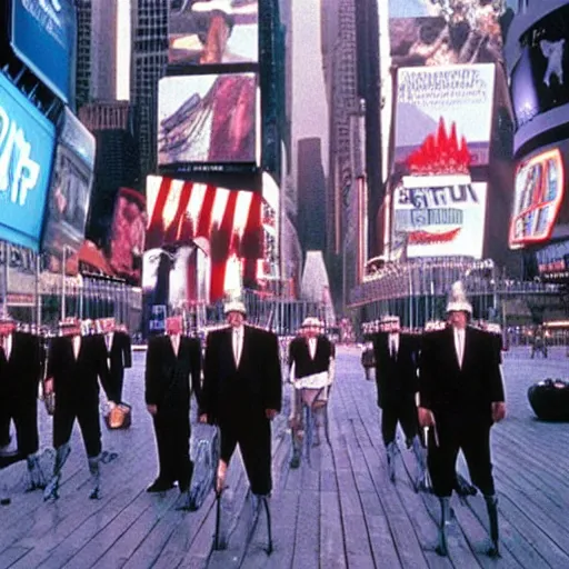 Image similar to still of donald trump clones invading time square, wearing medieval helmets, in american psycho ( 1 9 9 9 ), and still of liminal swimming pools, in american psycho ( 1 9 9 9 )