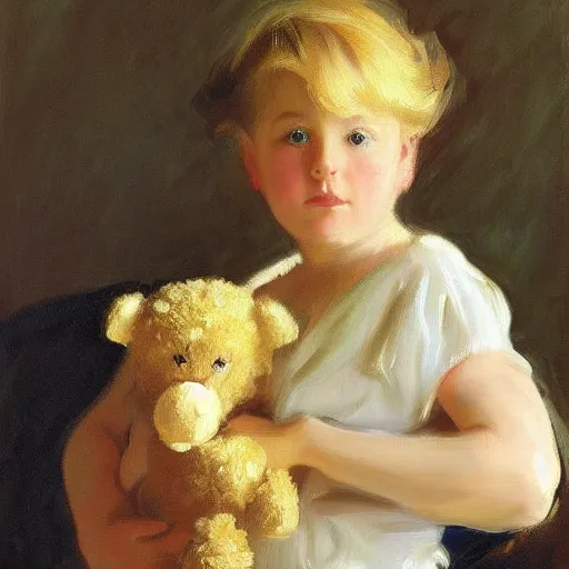 Image similar to “ blonde haired girl holding a stuffed animal, very detailed, oil painting, portrait, dark background, by john singer sargent ”