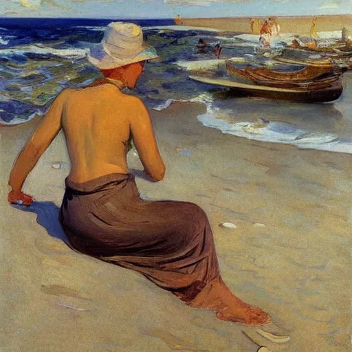 Image similar to she sells seashells by the sea, by moebius and joaquin sorolla