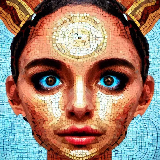 Image similar to portrait mosaic of a beautiful cute girl with robot ears and eyes, 4k, intricate details, digital, Emma Biggs