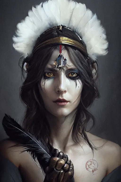 Image similar to hyper realistic portrait painting, beautifully rendered, gorgeous young witch with ceremonial markings and black feathers painted by greg rutkowski, wlop, artgerm, dishonored 2