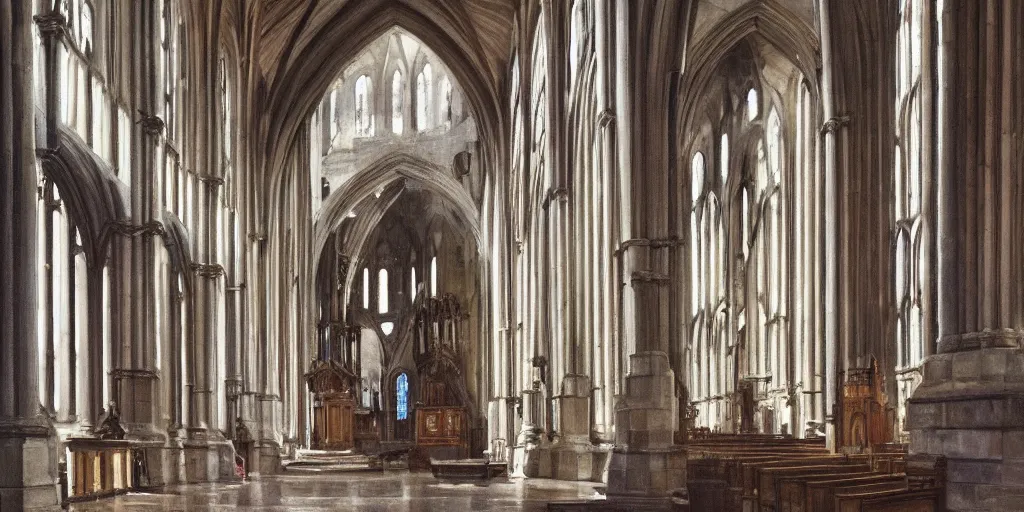 Prompt: a painting of the interior of Kirkwall cathedral, orkney islands, tall columns, bright white morning light casts shadows, architectural, by Pieter Saenredam