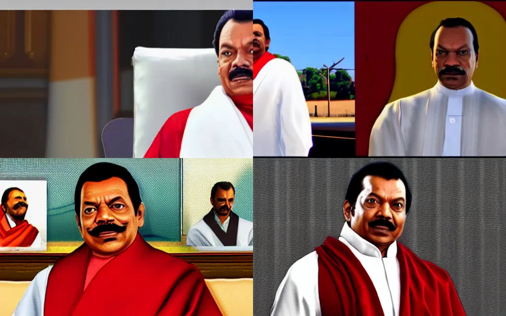Prompt: mahinda rajapaksa in the gta 5 loading screen, wearing white robes and a red scarf