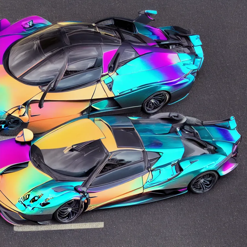 Image similar to close - up of an iridescent rainbow pagani huayra in an empty parking lot, after crashing crumpled body, smoke, melted plastic, puddles of fluid, 4 k, highly detailed, award winning, look at all that detail!