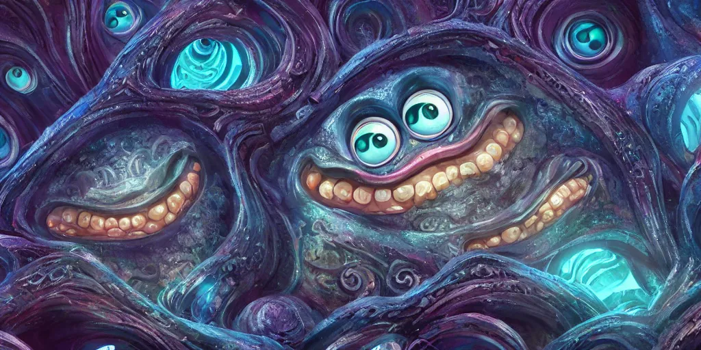 Image similar to of an intricate deep sea with strange cute friendly happy creatures with huge eyes, long tongue, round teeth and goofy funny face, appearing from the background, in the style of gehry and gaudi, macro lens, shallow depth of field, ultra detailed, digital painting, trending artstation, concept art, illustration, cinematic lighting, photorealism, epic, octane render